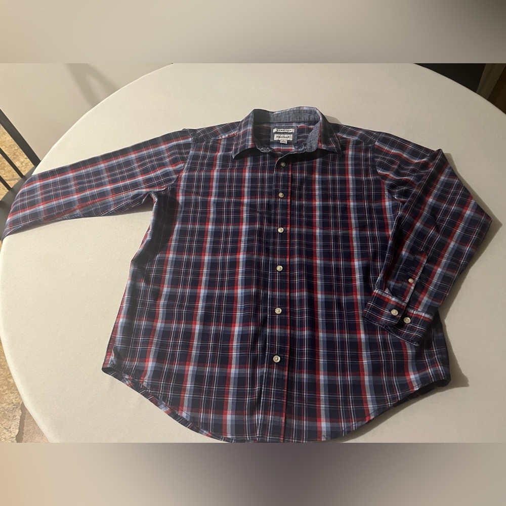 2/$20 - Men’s Navy and Red Plaid Casual Button Down Shirt by Haggar - L